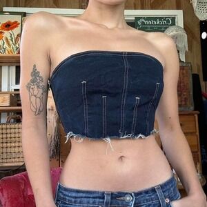 Forever 21 Premium Denim Tube Top Dark Wash Corset Style Frayed Hem Small